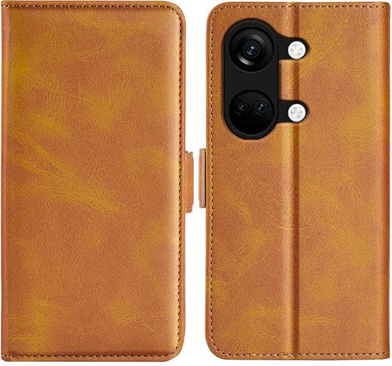 Gedetailleerde weergave van een lichtbruine portemonneehoes voor OnePlus Nord 3, gesloten en open, met cameralens opening.