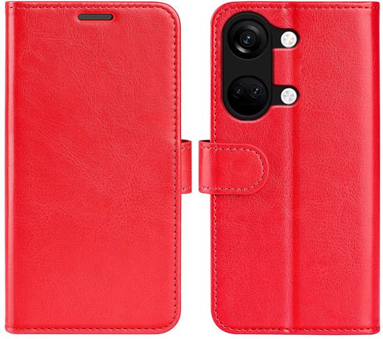 Rood wallet book case, gesloten. De hoes is voorzien van stiksels en een sluitlipje.