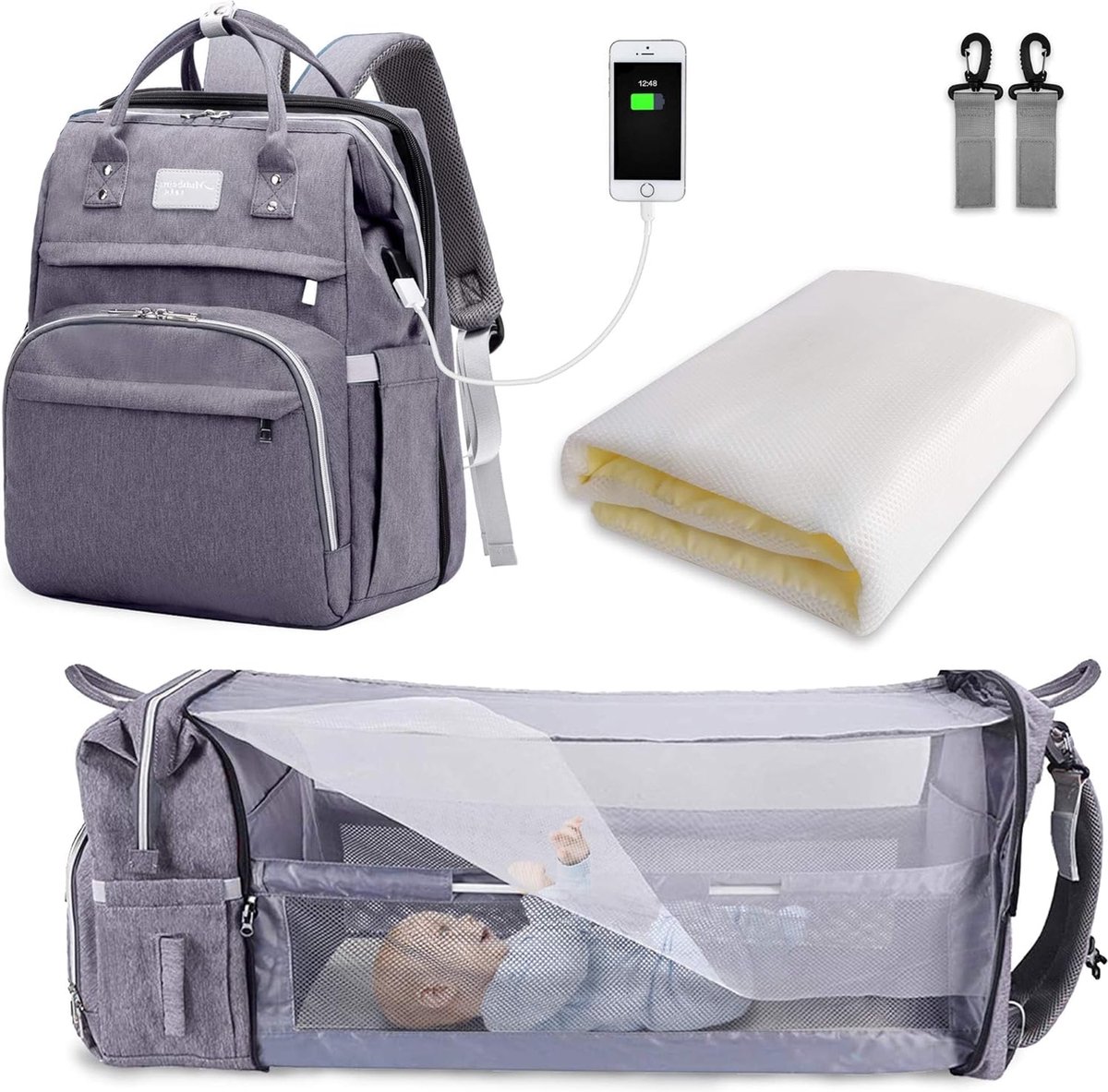 Goedkoopste Luiertas Rugzak - Grote Capaciteit Luiertas - Draagbare Reis Luiertas met Opvouwbaar Babybed - Babybed Rugzak - Grijs