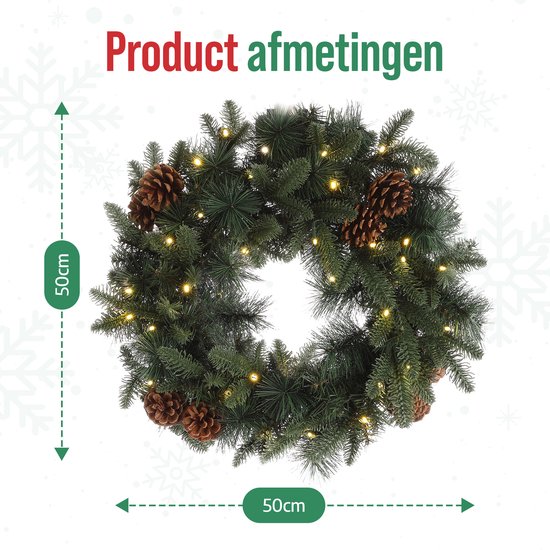 Meisterhome Kerstkrans van 50 cm - Inclusief Ophangbeugel en 35 Warmwitte LED's - Timer - Dennenappels - Kerstkrans met verlichting