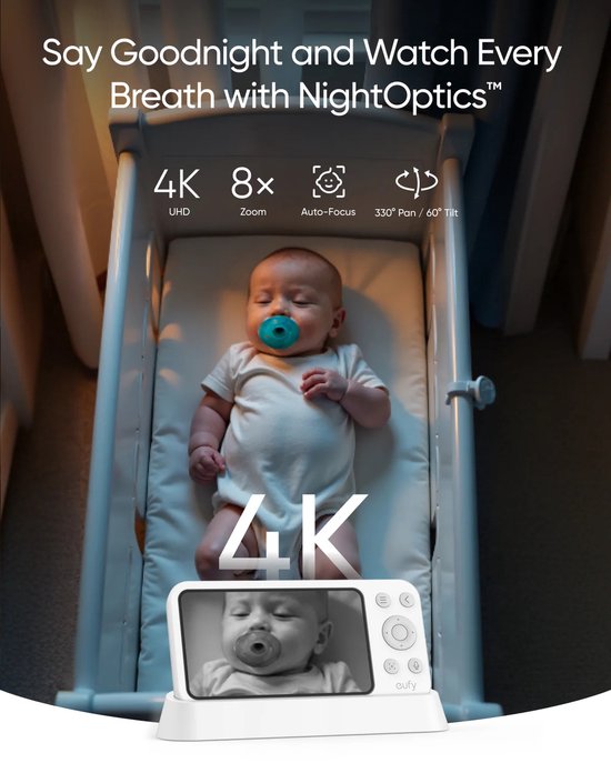 eufy Baby Monitor E21 - avec caméra 4K, Wi-Fi hybride et No de connexion Wi-Fi, contrôle par application et moniteur, vue nocturne Ultra claire, Pan, inclinaison, Zoom 8 ×, caméra portable avec batterie intégrée, ANR, Smart Alertes