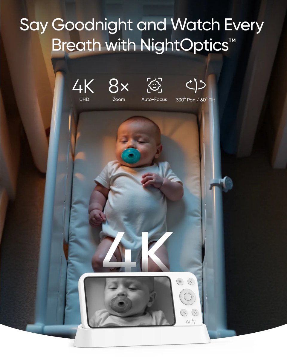 Afbeelding 2 van eufy Baby E21 Babyfoon – Baby Monitor – 4K Camera – Hybride Wi-Fi – App- en Monitorbediening – Ultrahelder Nachtzicht – Pan-Tilt – 8× Zoom – Draagbare Camera met Ingebouwde Batterij – ANR – Slimme Waarschuwingen
