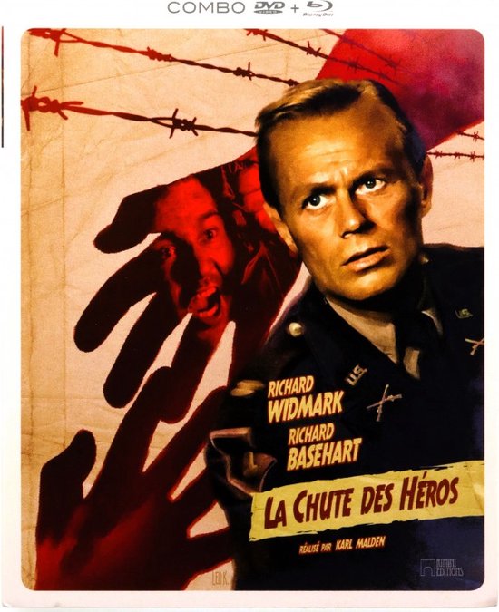 Poster van de film 'La Chute des Héros' met Richard Widmark in uniform, een grote rode hand op de achtergrond.