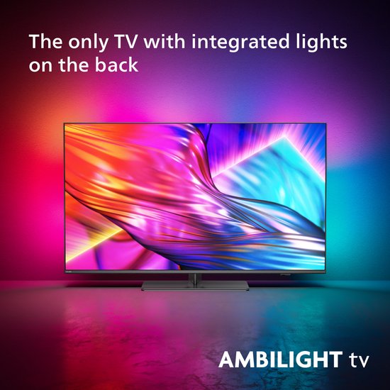 Philips 4K Ambilight TV met dynamische, gekleurde verlichting op de achtergrond.