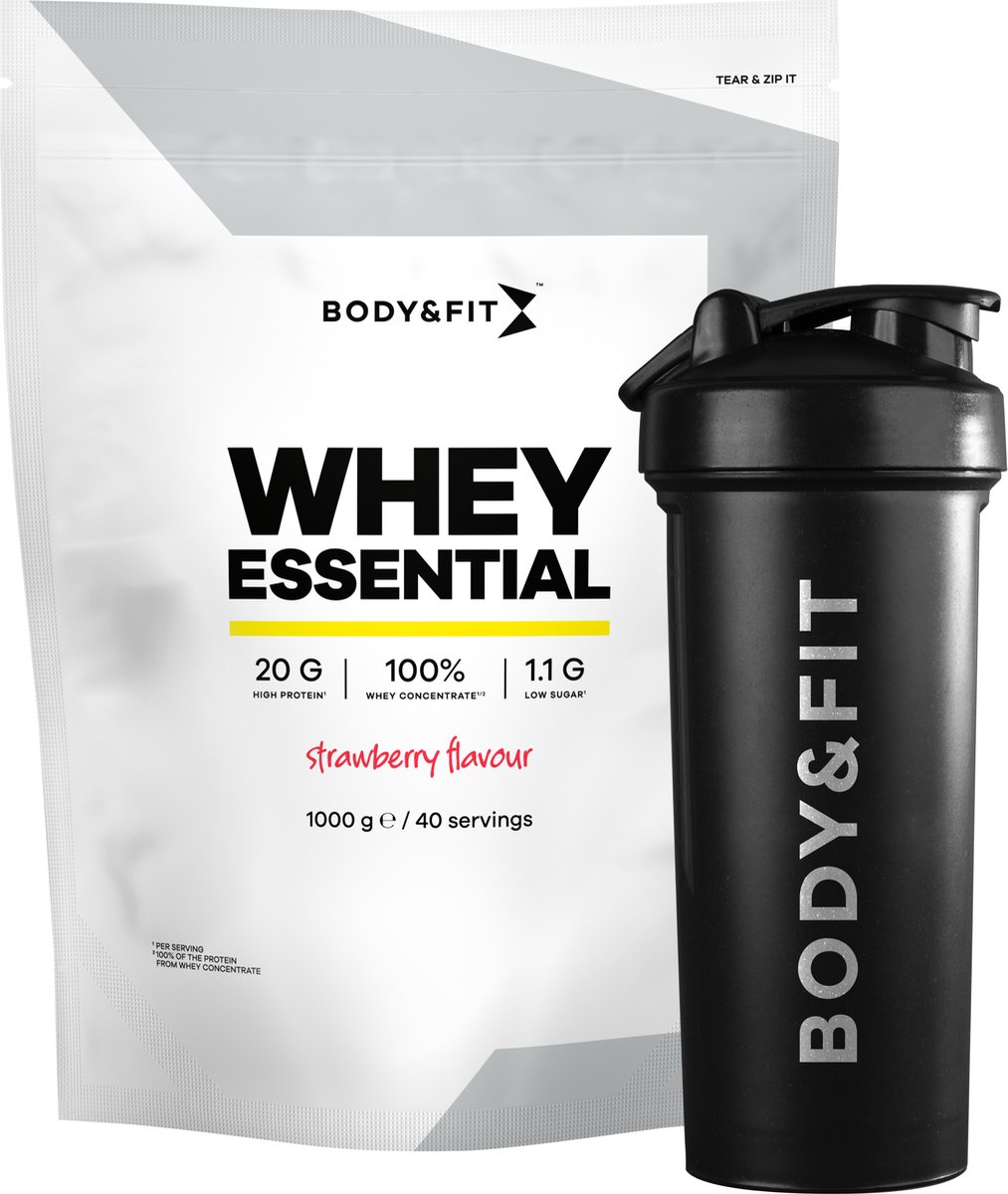 Goedkoopste Body & Fit Whey Essential Aardbei 1000 gram - Whey Protein - Proteine poeder Essential Shaker 700 ml