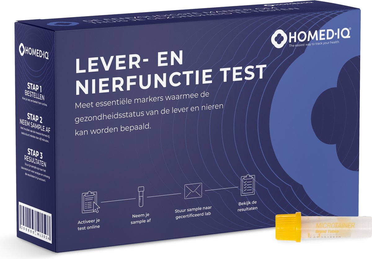 Goedkoopste Homed-IQ - Lever- en nierfunctie test - Thuistest - Test controleert ALT, AST, GammaGT, Bilirubine, Albumine, Creatinine, eGFR en Alkalische Fosfatase