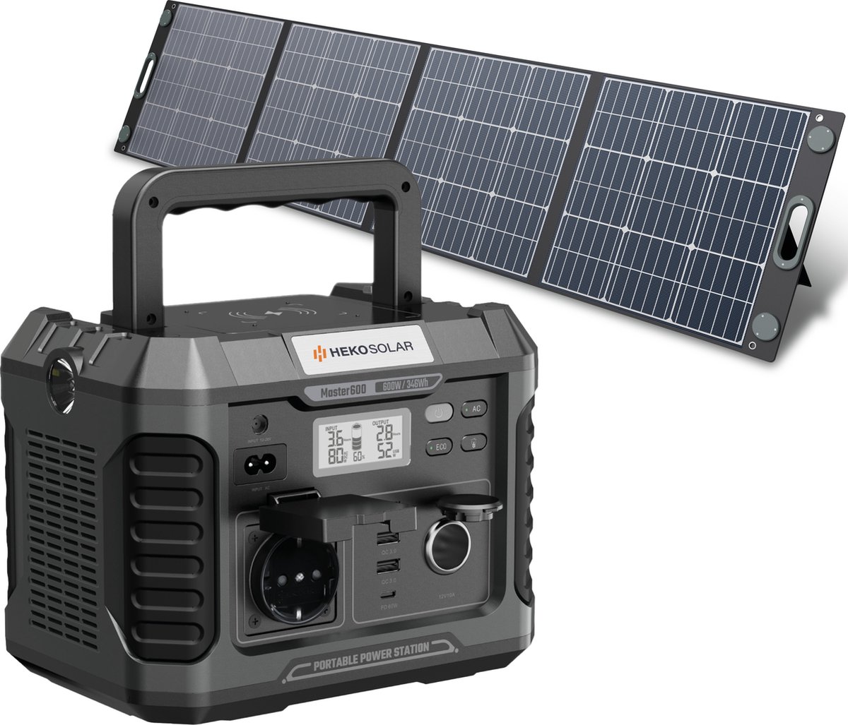 Heko Solar® Master 600 + Unfold 200 - Powerstation met Zonnepaneel - 600W (1200W Piek) - 346Wh Capaciteit -200W Zonnepaneel - Draagbaar - Generator - Voor Noodpakket, Stroomuitval, Kamperen en Outdoor
