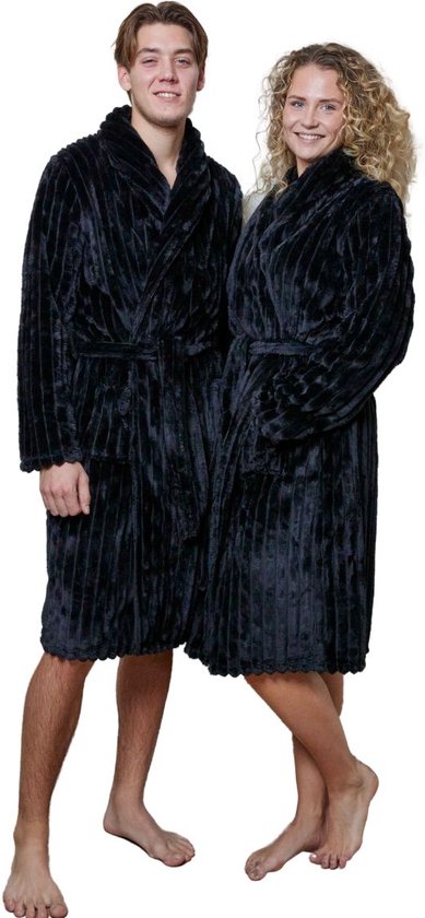 Badjas rib - badjas geribbelde teddy stof – Badjas Dames – Badjas Heren – Sjaalkraag – fleece - fluweelzacht – extreme luxe - Zwart - XL/XXL