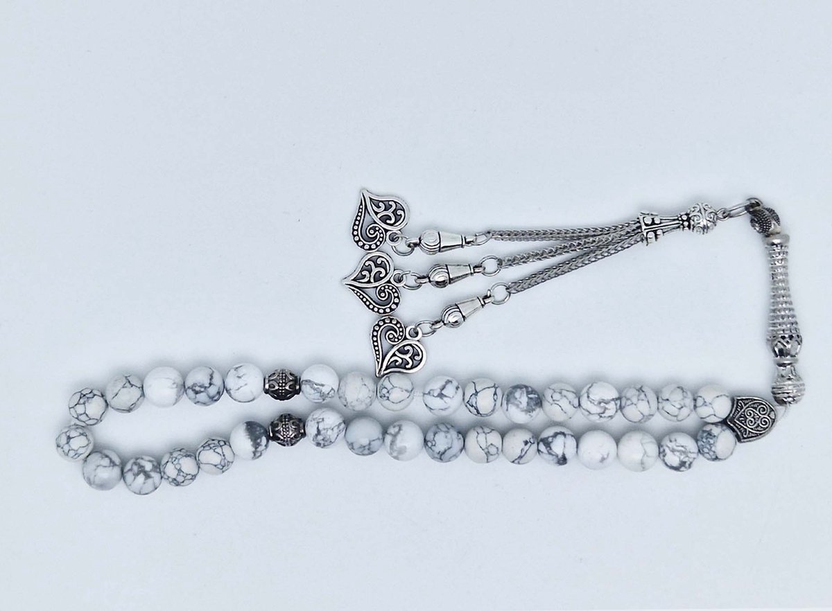 Handgemaakte tesbih klassiek - "Tasbih" natuursteen "Howlite Wit" - Aantal kralen 33 - Diameter kralen 8 MM - met metaal tassel "Harten" - Een mooi cadeau-idee