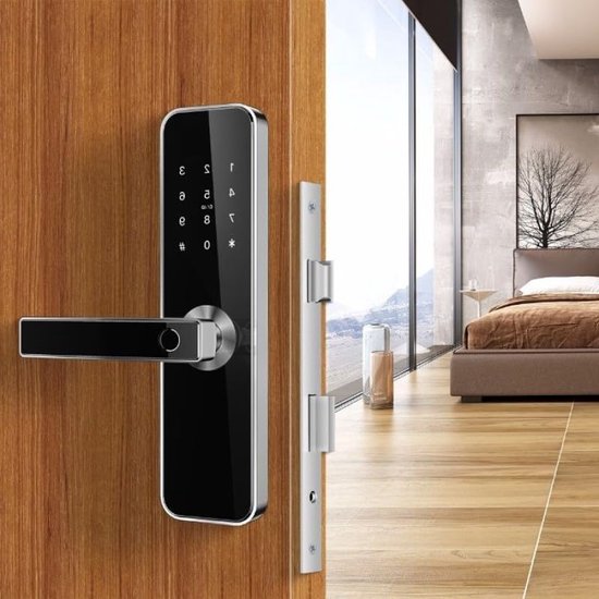Elektronisch deurslot met vingerafdruk, deurslot met code, sleutel, voor tuindeuren, slaapkamers, woningen (70 mm, zilver1 Elektronisch deurslot met vingerafdruk, deurslot met code, sleutel, voor tuindeuren, slaapkamers, woningen (70 mm, zilver1