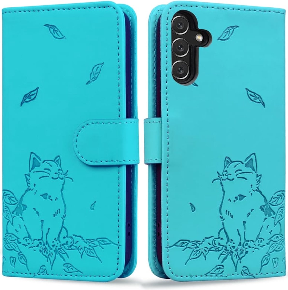 BookCover Hoes Etui geschikt voor Samsung Galaxy A16 - A17 - A26 - Turquoise - Kat - Reliëf