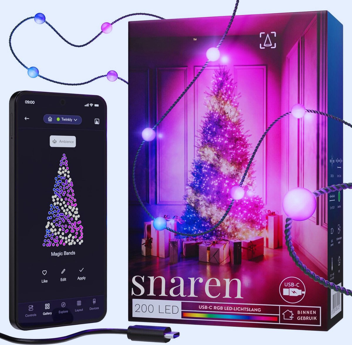 RGB Multicolor LED Lichtsnoer In Parelvorm - 2 x 6m - Compatibel Met Alexa En Google Home - USB-C Voeding - Groen Snoer