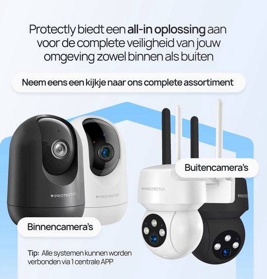 Collectie Protectly beveiligingscamera's: binnen- en buitensystemen.