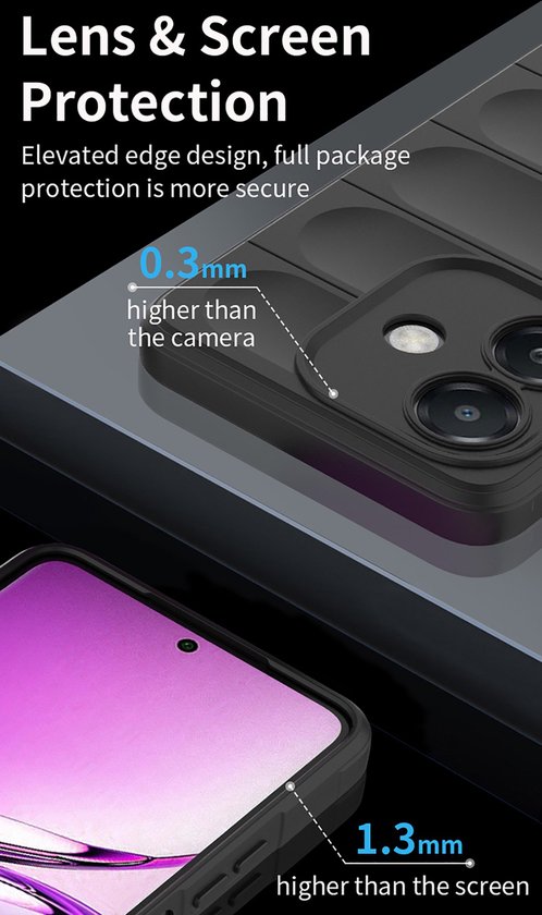 Zwarte telefoonhoes toont 0.3mm hogere rand voor cameralens en 1.3mm voor scherm.