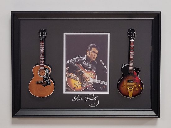 Elvis Presley Miniatuur Gitaren met lijst wanddecoratie 33x22 cm-Miniature- Guitar-Mini -Guitar- Collectables-decoratie -gitaar-Gift--Kado- miniatuur- instrument-Cadeau-verjaardag