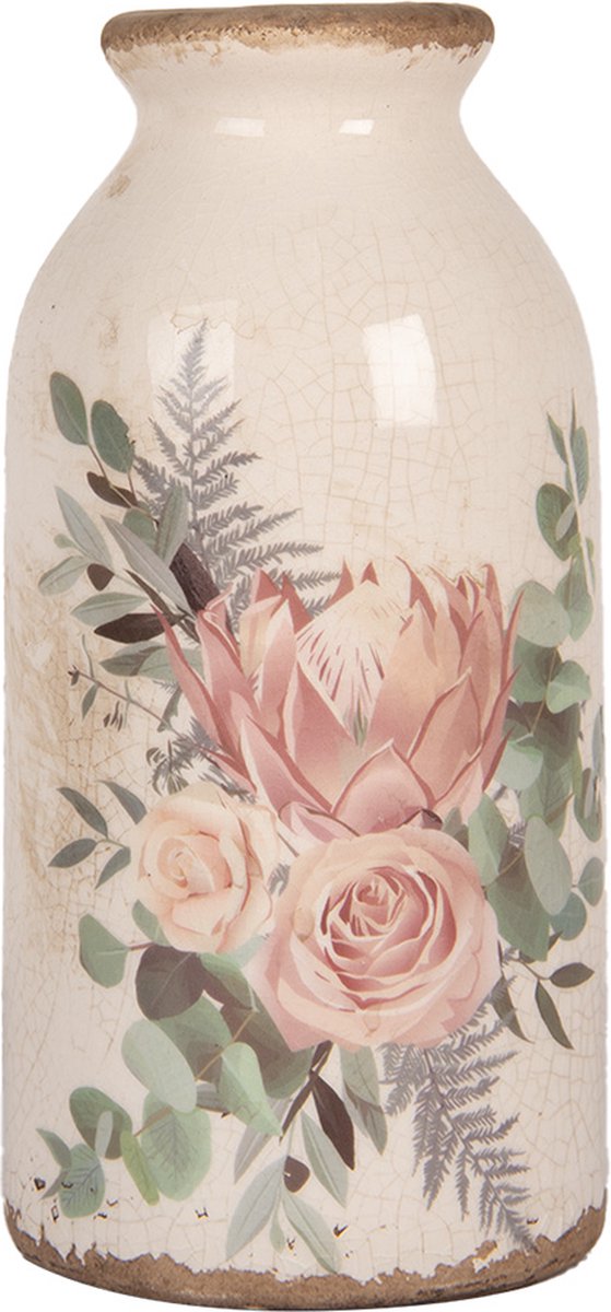 Clayre & Eef Vaas Ø 8x16 cm Beige Keramiek Bloemen