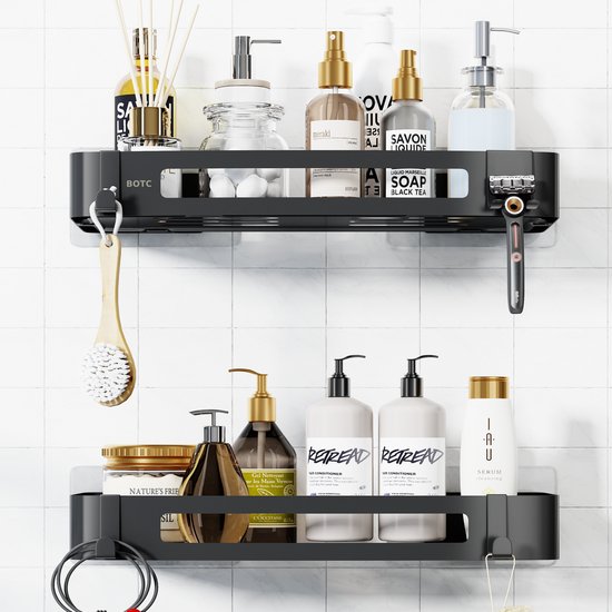 BOTC Support de douche - Support de douche 2 couches sans perçage - Acier inoxydable - Auto-adhésif - Support de douche suspendu - Support de salle de bain - Zwart