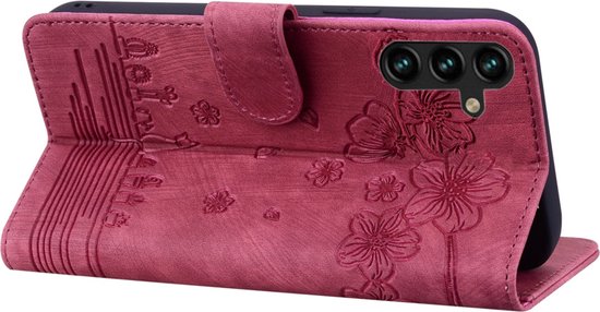 BookCover Cover Case adapté pour Samsung Galaxy A16 - Rouge - Fleurs Chat - En Relief