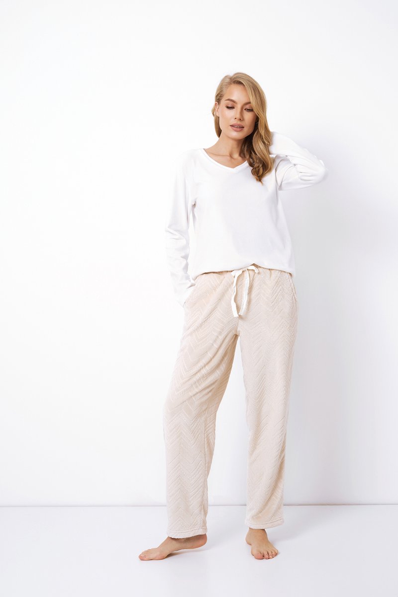 Aruelle Dames Pyjama Zahra-Lange Mouwen-V-Hals Top & Broek met Zakken-Verstelbare Taille-Beige-Wit beige/wit