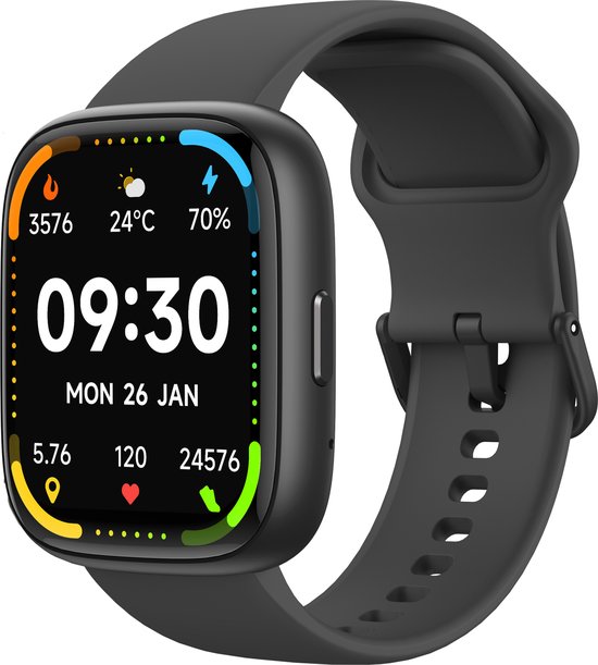 Smartwatch voor dames - Bluetooth Bellen - Fitness-tracker met Hartslagmeter - Slaapmonitor - Stappenteller - Android / iOS - Zwart