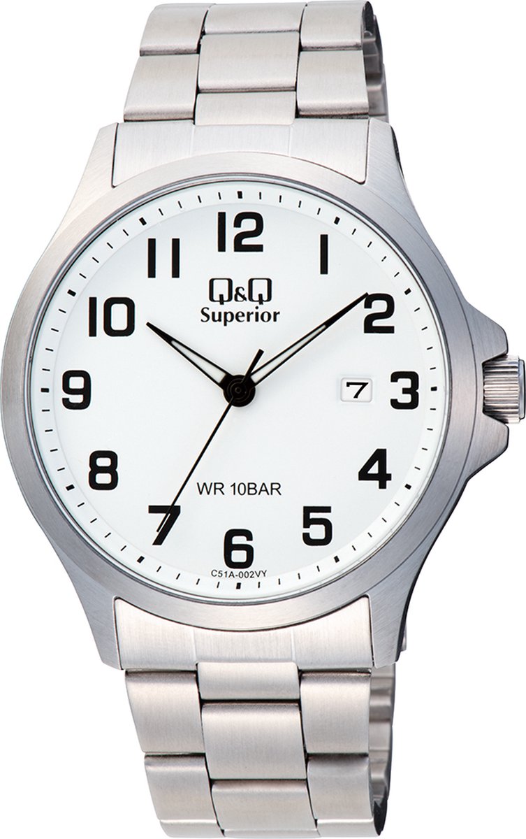 QQ C51A-002VY - Horloge - Polshorloge - Analoog - Heren - Mannen - Stalen band - Rond - Metaal - Cijfers - Datumaanduiding - Zilverkleurig - Wit