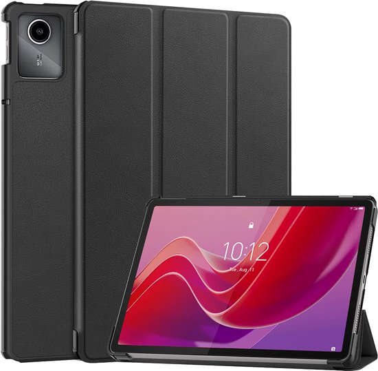 Housse TriFold noire pour Lenovo Tab M11 avec une tablette à l'intérieur, debout et dépliée.
