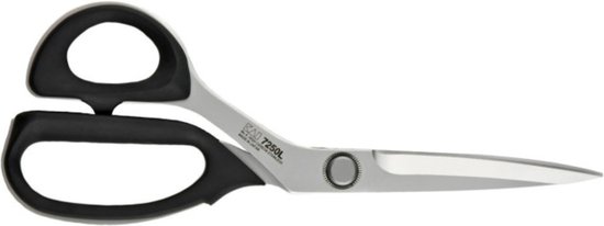 Linkshandige schaar met zilverkleurige bladen en zwarte, ergonomische handvatten, horizontaal geplaatst.
