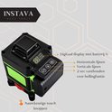 Groene laser waterpas, digitaal display met batterij %, aanraak knoppen.