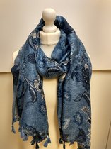 Lange dames sjaal Friede gebloemd motief blauw wit donkerblauw lichtblauw licht navy