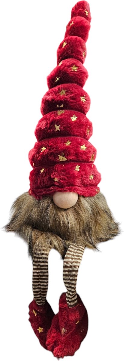 Gnome - Kabouter - Rood - Gouden Sterren - Bungelbenen - 50 cm