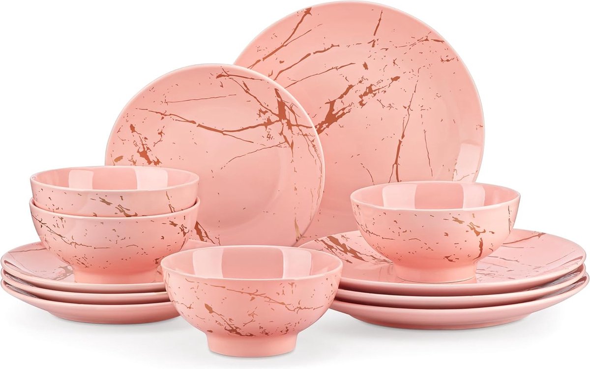 Luxe Serviesset- 12 delig – 4 persoons – Porselein - Bordenset – Dinner platen – Dessertborden - kom - Roze