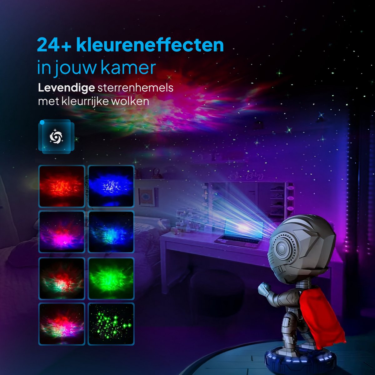 Mobstore - Sterren projector - Warrior Sterren Projector - Galaxy Projector - Sterrenhemel - Noorderlicht Projector - Plafond Projector - Nachtlampje kinderen - Sterrenlamp - 20+ kleurcombinaties - Afstandsbediening - Met speaker – foto 2