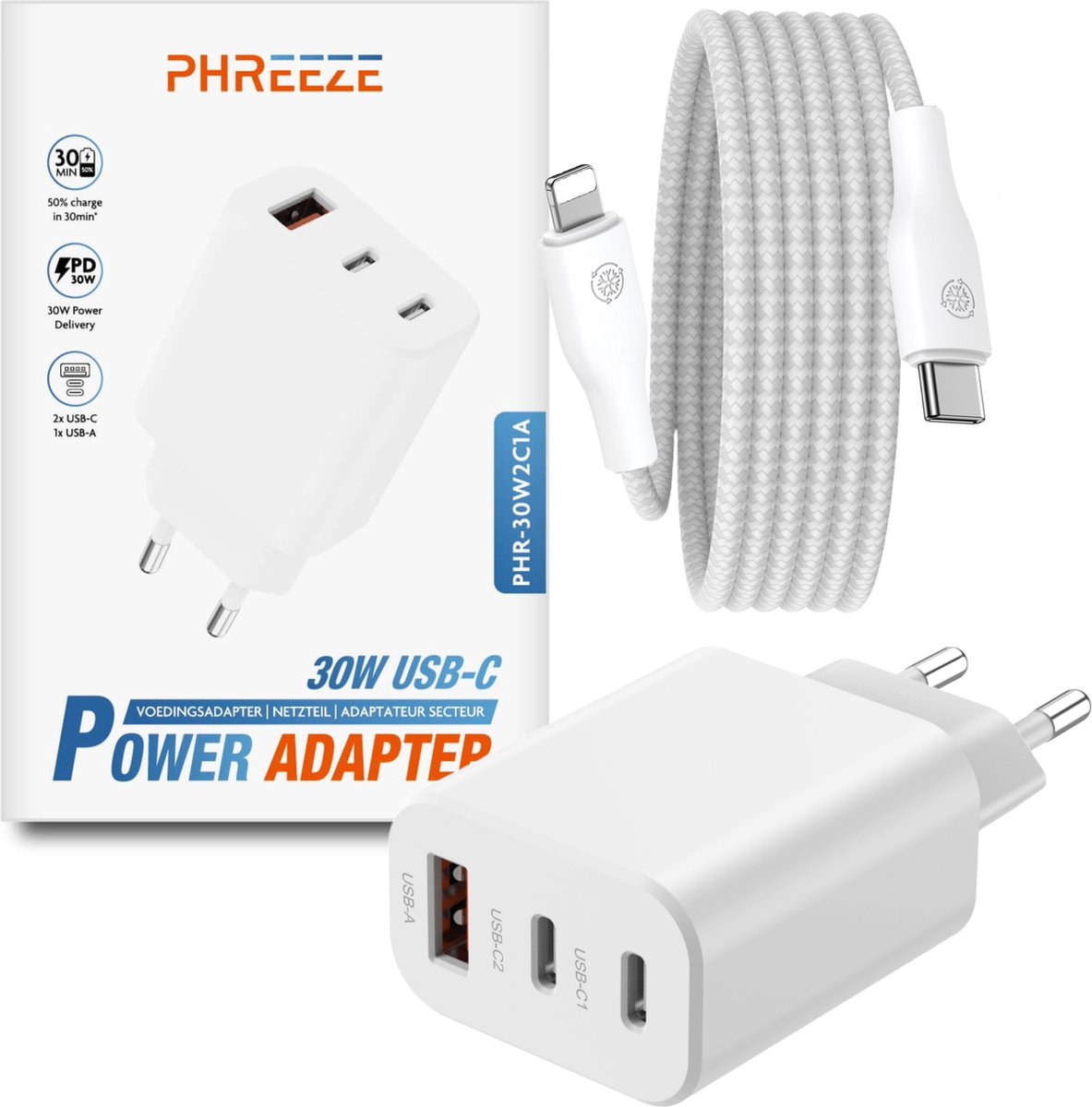 Oplader geschikt voor iPhone / iPad - 30w usb C Adapter 2x usb C + usb A - Usb C naar Lightning Kabel 3 Meter - Usb C Snellader