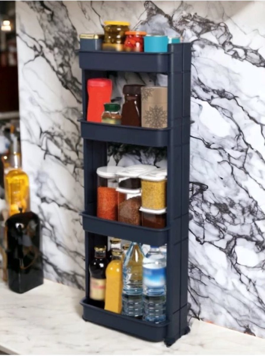 Motek® - Keukenrek opbergrek - 4 laags op Wieltjes met Vakken - kast - Keuken organizer - Keukentrolley met wielen - Badkamer - Antraciet