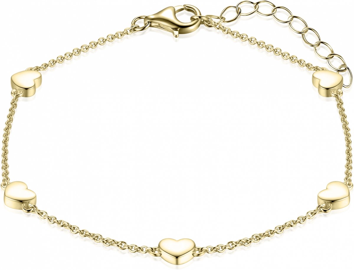 Gisser Jewels - Armband - met 5 Harten verdeeld - 5mm Breed - Lengte 17+3cm - Verguld Zilver 925 - B1025Y-17+3 - Sieraad - Dames - Schakelarmband
