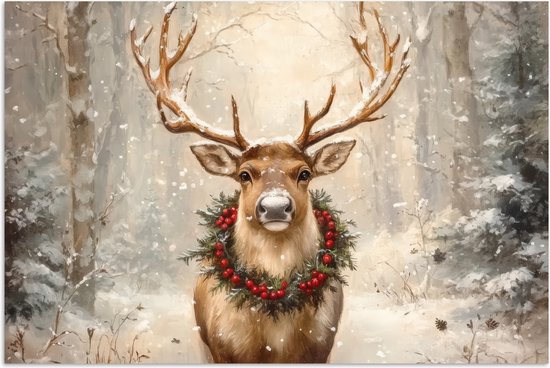 Poster 30x20 cm - Kerst - Rendier - Winter - Krans - Posters - Kamer decoratie - Wanddecoratie woonkamer - Muurdecoratie slaapkamer - Kerstversiering - Kerstdecoratie voor binnen - Kerstmis