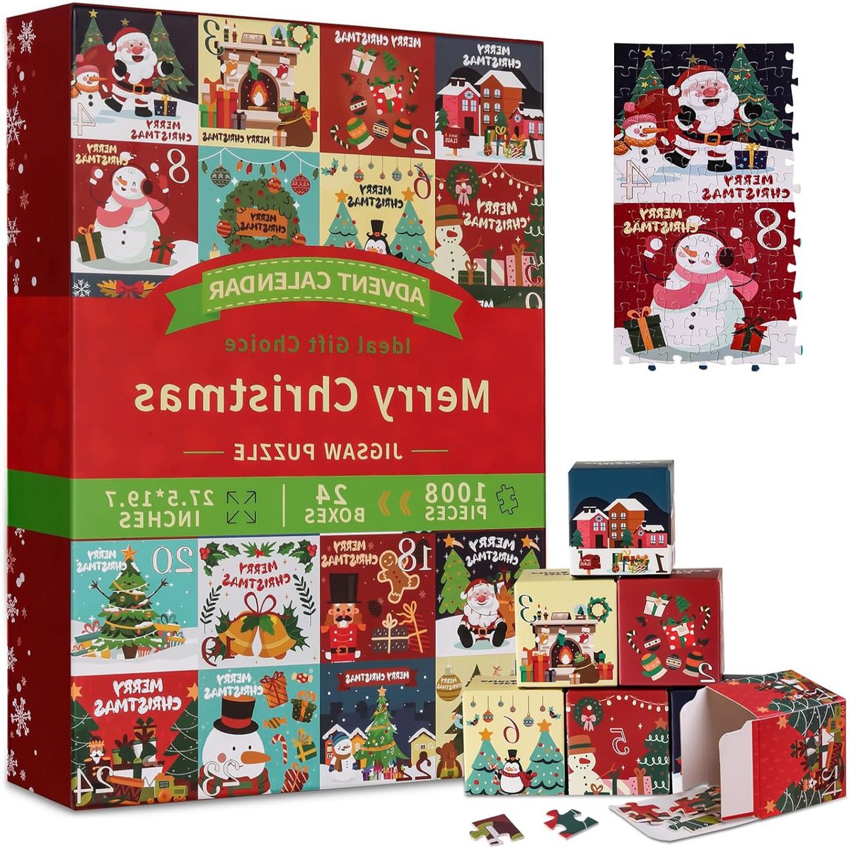 Adventskalender 2024 Puzzel voor Kinderen en Volwassenen - 1008 Stukken Kerst Puzzels in 24 Dozen Aftellen naar Kerst