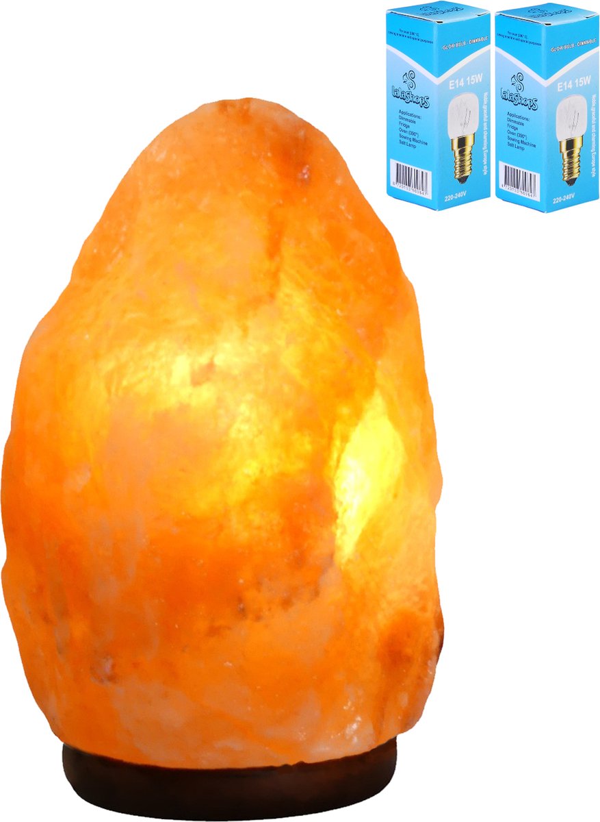 Zoutlamp 2-4kg met 2x Gloeilamp - 100% Himalaya Zout - Tafellamp van Natuurlijk Haliet Zoutkristal met Sfeervol Warm Licht - Extra Lange Kabel 1.8mtr - ca. 20x13cm