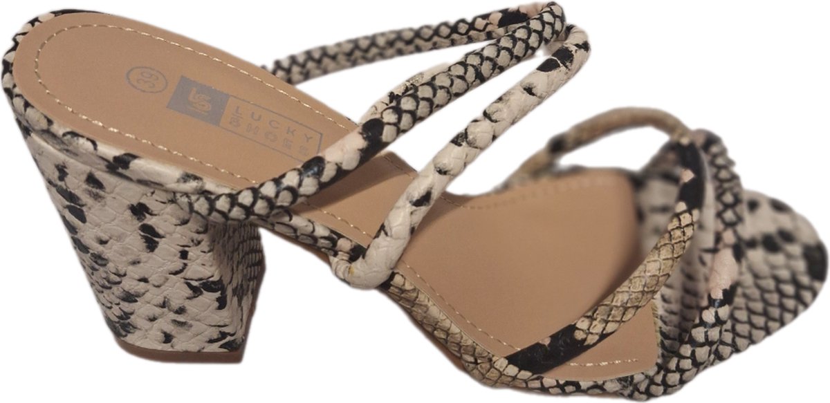 LUCKYSHOES-SANDAL -SNAKE LEDERLOOK- 4 STREPS-HAK 8CM--36