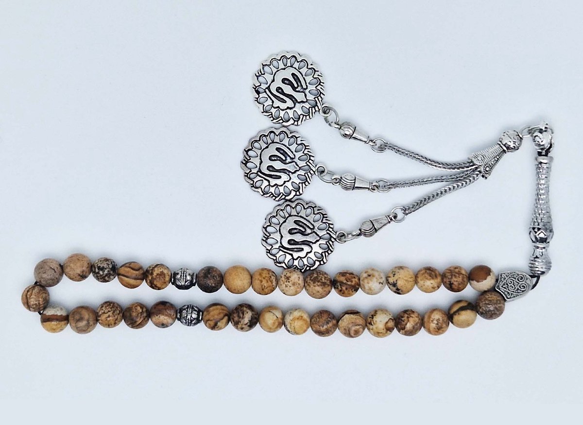 Handgemaakte tesbih klassiek - "Tasbih" natuursteen " Picture Jasper" - Aantal kralen 33 - Diameter kralen 8 MM - met metaal tassel "Allah" - Een mooi cadeau-idee