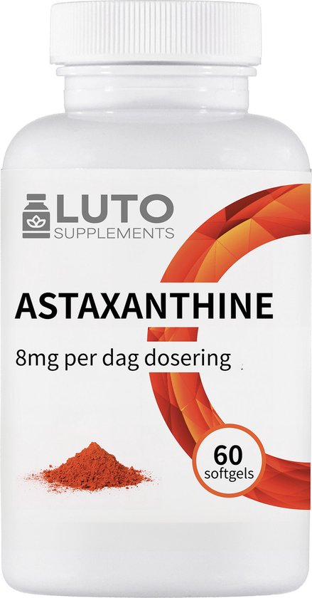 Een witte fles Luto Supplements Astaxanthine 8mg per dag dosering, 60 softgels, met een hoopje poeder.