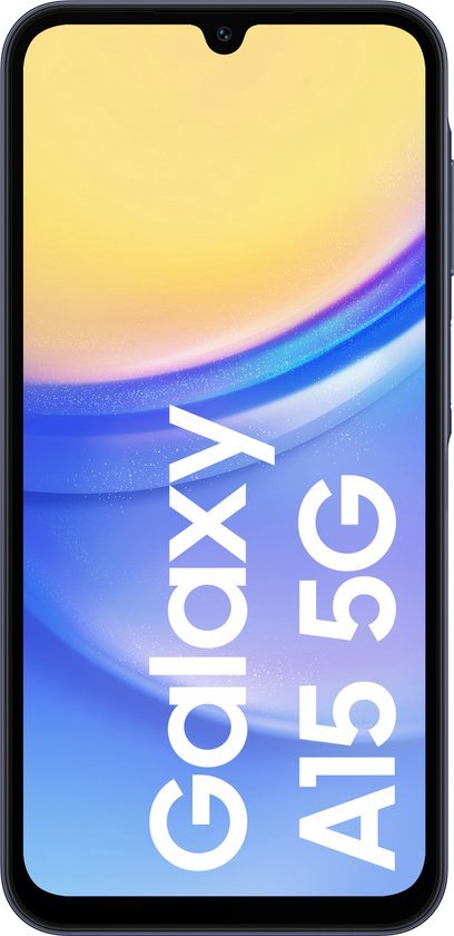 Donkerblauwe Samsung Galaxy A15 5G smartphone met een V-vormige inkeping, met 'Galaxy A15 5G' tekst op het scherm.