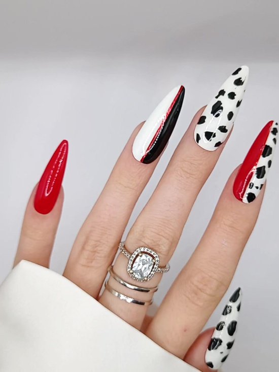 SD Appuyez sur les ongles - No. 118 Cruel-Là - Ongles adhésifs avec colle à ongles - XL Stiletto - Rouge Wit Zwart - Set de 20 Ongles Faits Main - Accessoires Cosplay - Nail Art Extreme