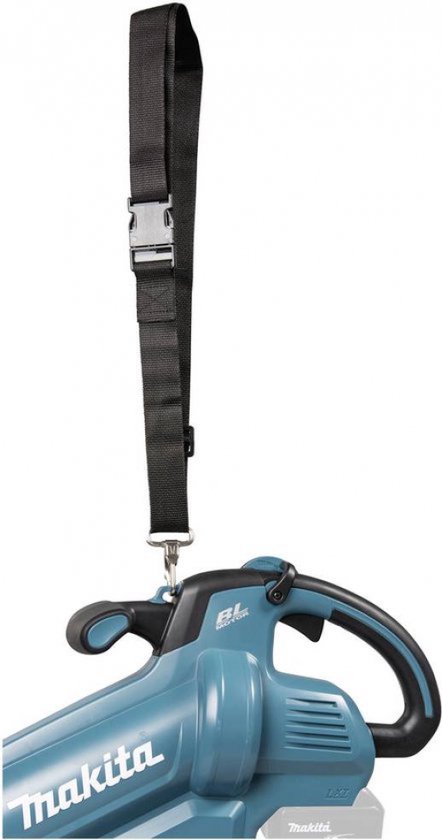 Zwarte draagband met gesp bevestigd aan de turquoise Makita bladblazer.