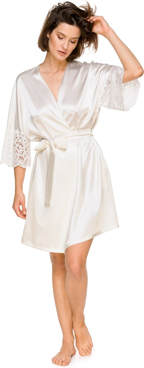 Dames kimono-ochtendjas Gigi-satijn met kant-zijdezacht & luxe-crème-maat M/L