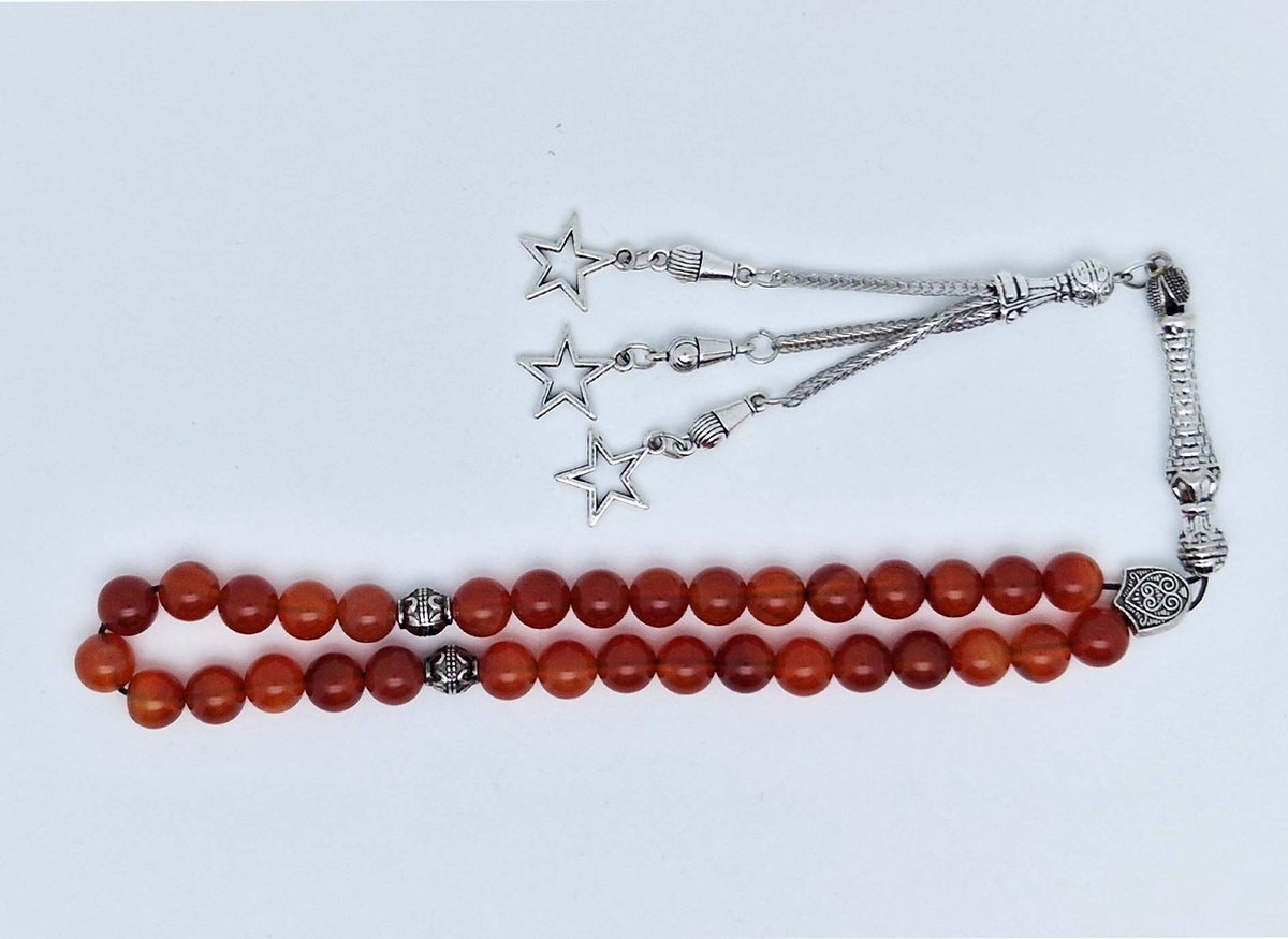 Handgemaakte tesbih klassiek - "Tasbih" natuursteen "Rood Agaat" - Aantal kralen 33 - Diameter kralen 8 MM - met metaal tassel "Sterren" - Een mooi cadeau-idee