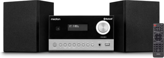 Medion audiosysteem met twee zwarte luidsprekers, centrale unit met display en afstandsbediening.