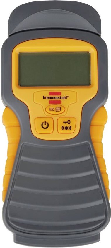 Grijze en gele vochtmeter met een leeg digitaal display en twee knoppen.