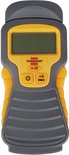 Grijze en gele vochtmeter met een leeg digitaal display en twee knoppen.