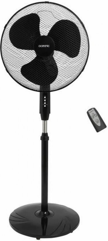 Staande ventilator 45W Oceanic zwart, 44 cm, 3 snelheden, oscillatie, kantelbaar, timer, afstandsbediening